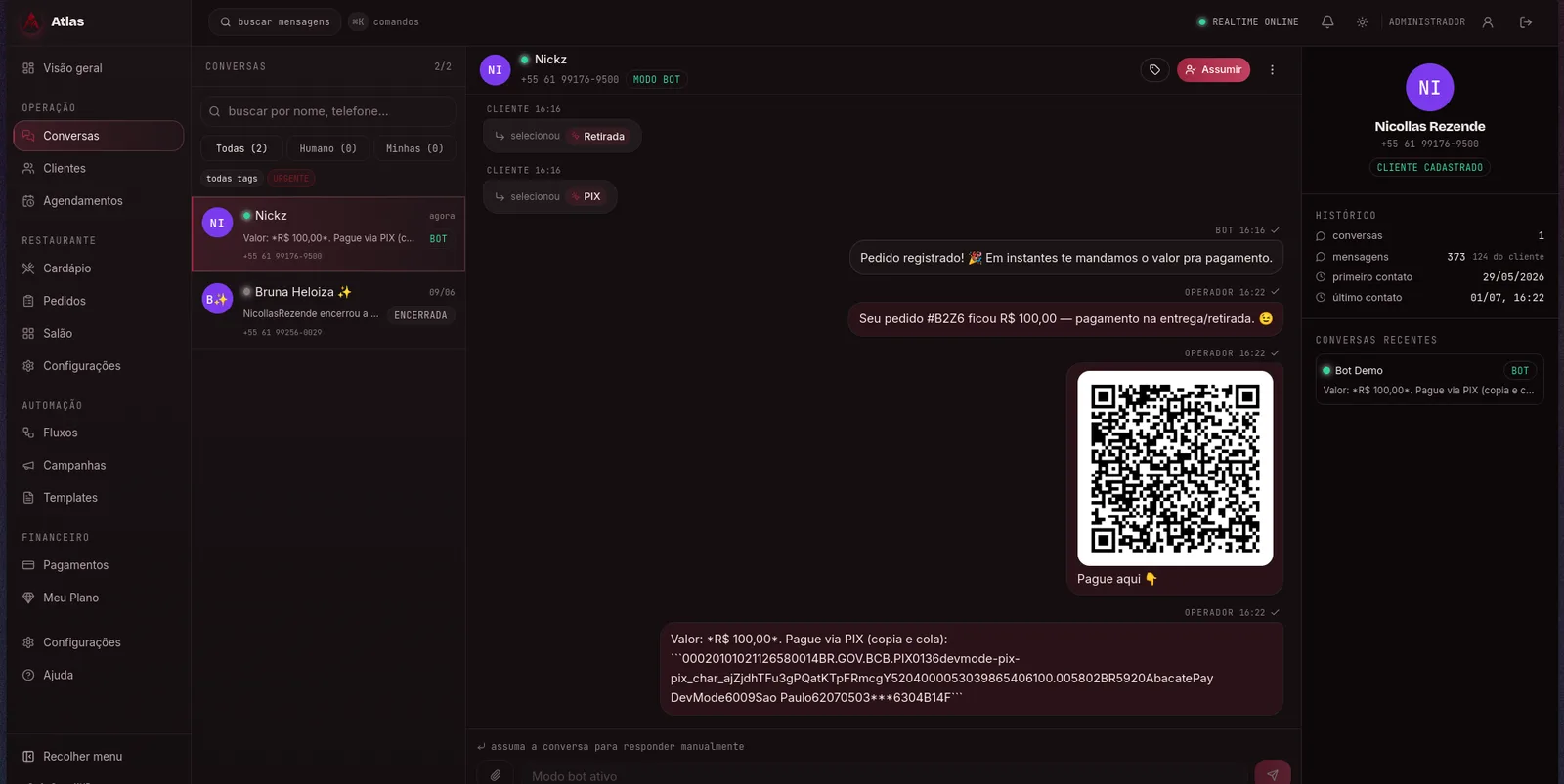 Tela real de conversas do Atlas: cliente escolhe retirada e PIX no menu do bot, recebe o QR code de pagamento no chat, com o painel do cliente ao lado